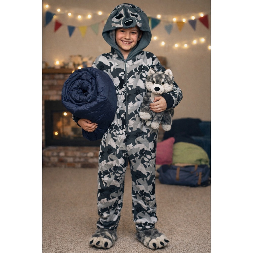 Cat & Jack One Piece Pajamas Kids XL 16 Gray Wolf Hood‎ Zip Cozy Sleepover Cabin